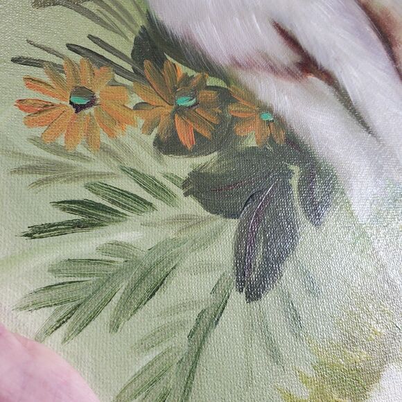 Vintage Signed Oil Painting Kitten Cat Mid-Century Modern Avocado Green T Peak - Picture 4 of 10